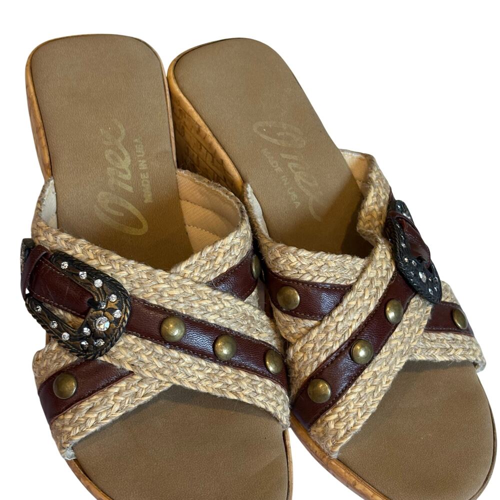 Onex Sandal Wedges Size 6.5 M Black Buckle Studs Woven Hemp 3" Cork Heel